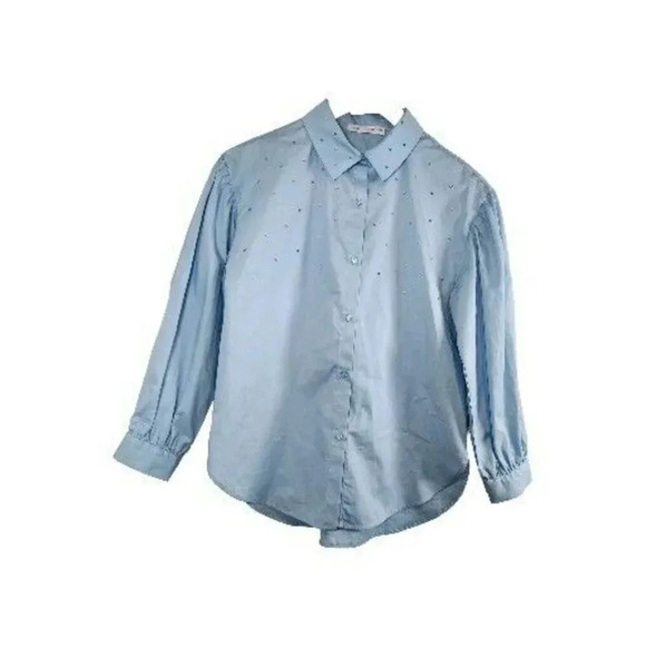 Zara Shirt Button Down Kids 11-12  Light Blue  Studded  Longsleeve - Picture 2 of 15